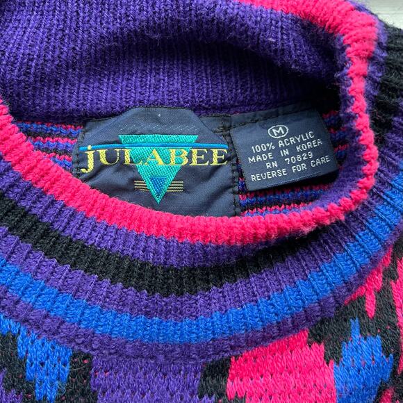 Vintage Abstract Flower Art Pattern Knit Sweater M Contemporary Purple Pink Blue - Picture 5 of 12